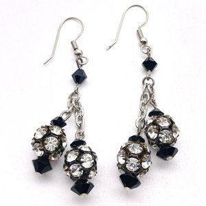 Double Disco Ball Earrings Pierced Silver Tone Black Beaded Glam Bling Sparkle